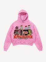 Distressed Washed Christmas Horror Print Slant Pockets Hoodie