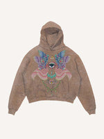 Distressed Washed Eye&Wing Print Slant Pockets Hoodie