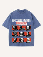 Distressed Washed Halloween Horror Print Round Neck T-shirt