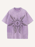 Distressed Washed Wing&Eye&Graphic Print Round Neck T-shirt