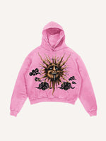 Distressed Washed Evil Moon&Sun&Cloud&Star Print Slant Pockets Hoodie