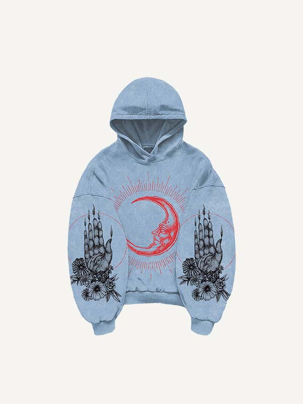 Sun&Moon&Wing&Eye&Palm Print Slant Pockets Hoodie