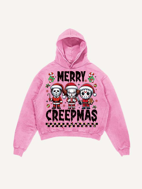 Distressed Washed Christmas Horror Print Slant Pockets Hoodie