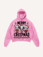 Distressed Washed Christmas Horror Print Slant Pockets Hoodie
