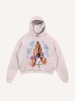 Distressed Washed Pray&Letter&Heart&Palm Print Slant Pockets Hoodie