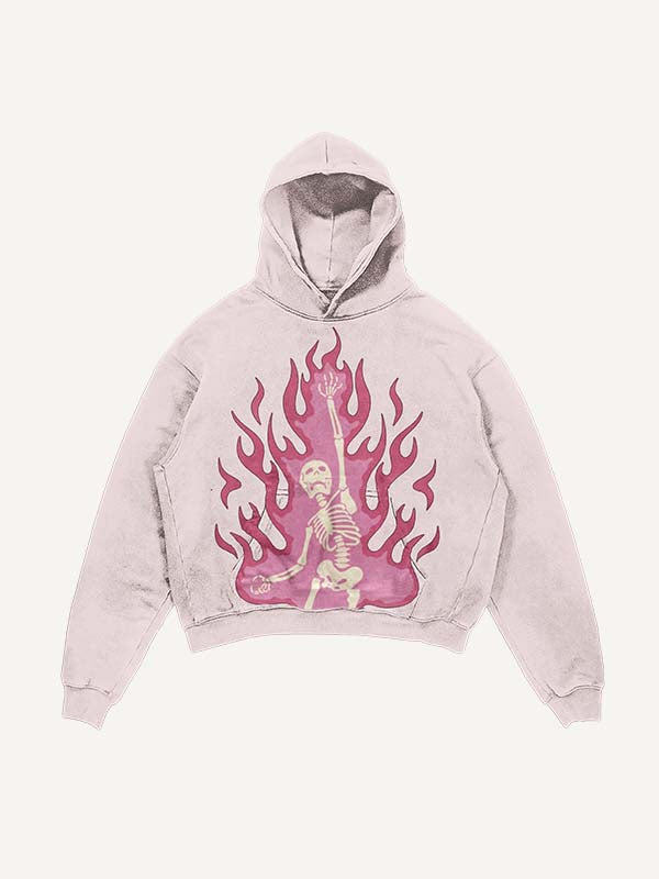 Distressed Washed Pink Fire Skeleton Print Slant Pockets Hoodie