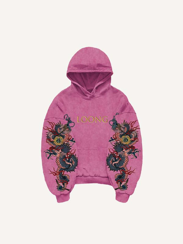 Dragon&Letter Print Slant Pockets Hoodie