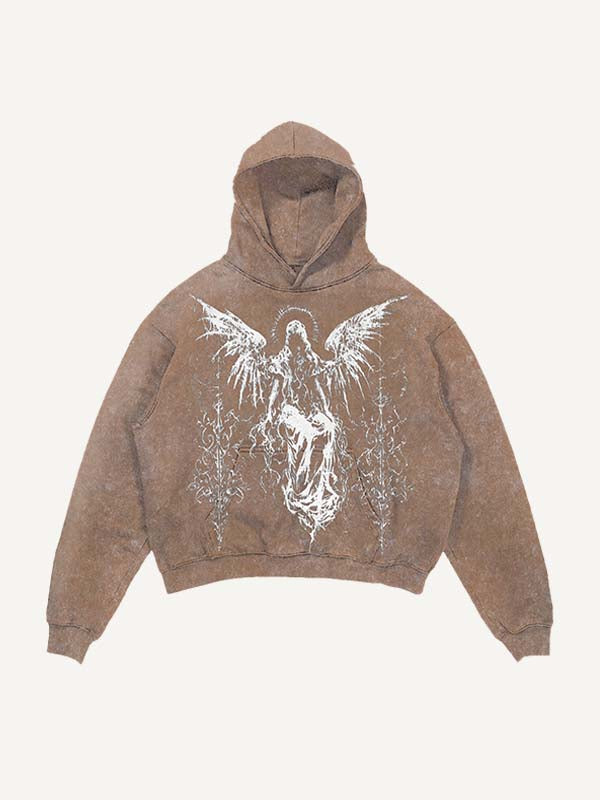 Distressed Washed Figure&Wing Graphic Print Slant Pockets Hoodie