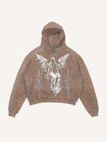 Distressed Washed Figure&Wing Graphic Print Slant Pockets Hoodie