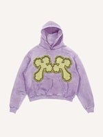 Distressed Washed Cross&Skull Faux Decal Print Slant Pockets Hoodie