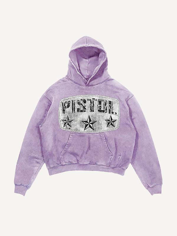 Distressed Washed Pistol&Letter Faux Decal Print Slant Pockets Hoodie