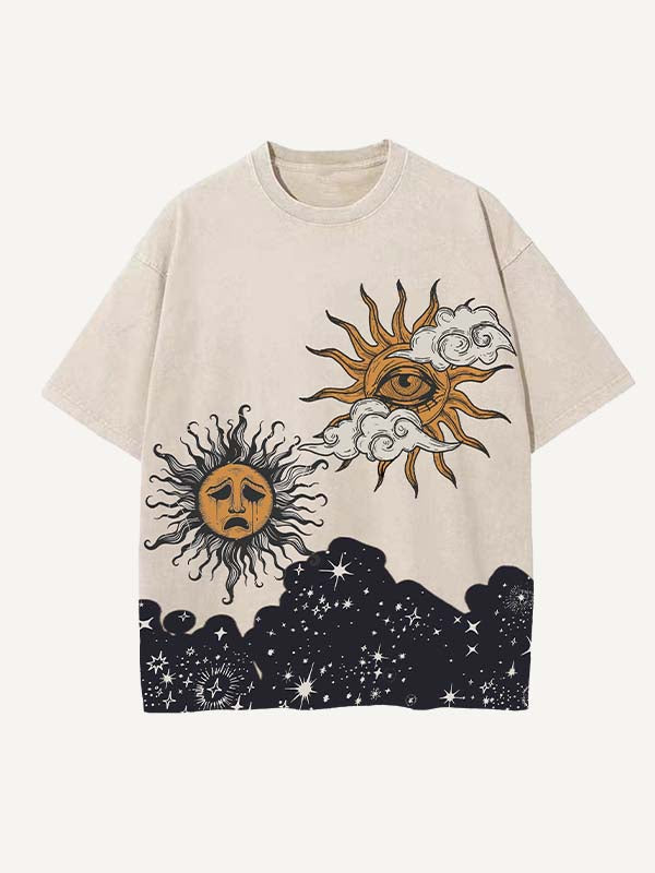 Distressed Washed Sad Sun&Moon&Eye&Cloud&Graphic Print Round Neck T-shirt