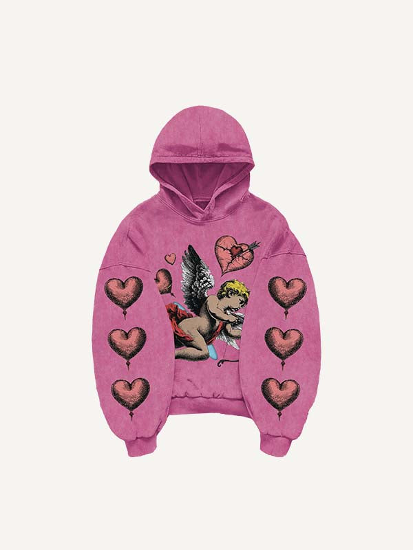 Cupid&Heart Print Slant Pockets Hoodie