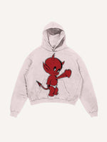 Distressed Washed Little Devil Heartbeat Faux Decal Print Slant Pockets Hoodie