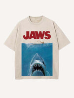 Distressed Washed Figure&Shark&Letter Print Round Neck T-shirt