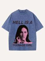 Distressed Washed Figure&Letter Print Round Neck T-shirt