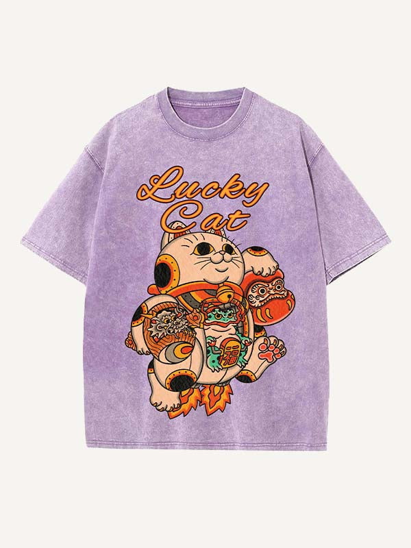 Distressed Washed Cat&Dragon&Animal&Graphic Print Round Neck T-shirt