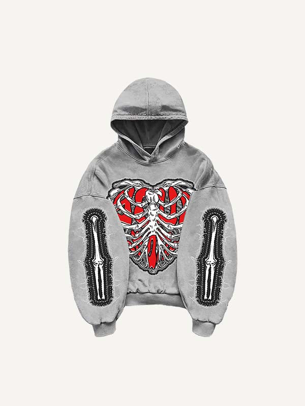 Skeleton&Heart&Wing Faux Decal Print Slant Pockets Hoodie