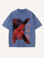 Distressed Washed Figure&Letter Print Round Neck T-shirt