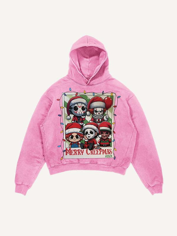 Distressed Washed Christmas Horror Print Slant Pockets Hoodie