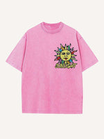 Distressed Washed Sun&Letter Print Round Neck T-shirt