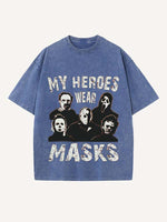 Distressed Washed Halloween Horror Print Round Neck T-shirt