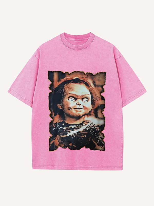 Distressed Washed Horror Print Round Neck T-shirt