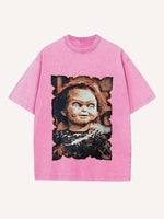 Distressed Washed Horror Print Round Neck T-shirt