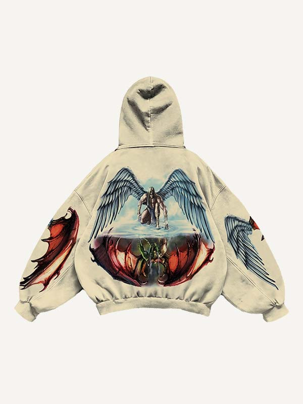 Half Angel Half Demon&Wing Print Slant Pockets Hoodie