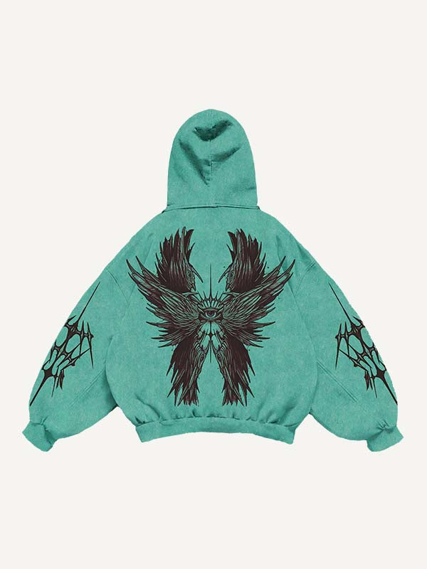 Wing&Eye Print Slant Pockets Hoodie
