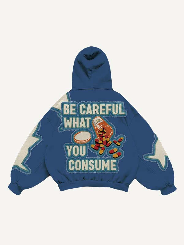 Medicine Bottle&Letter Faux Decal Print Slant Pockets Hoodie