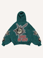 Mouth&Eye&Letter Faux Decal Print Slant Pockets Hoodie