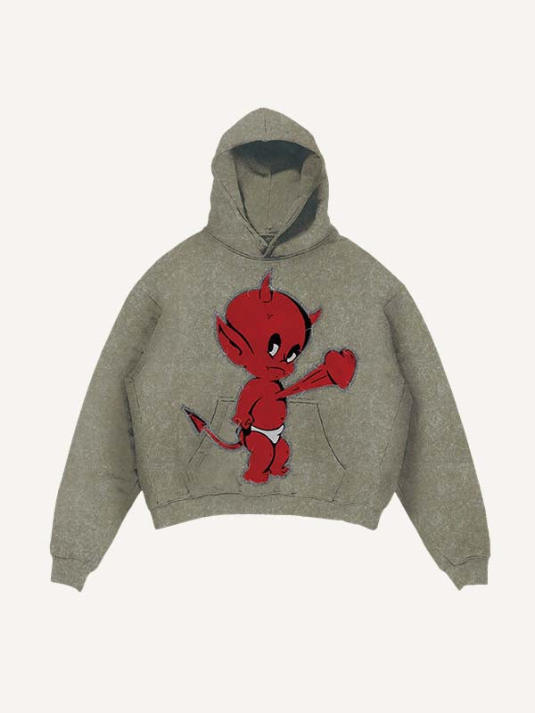 Distressed Washed Little Devil Heartbeat Faux Decal Print Slant Pockets Hoodie