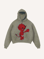 Distressed Washed Little Devil Heartbeat Faux Decal Print Slant Pockets Hoodie