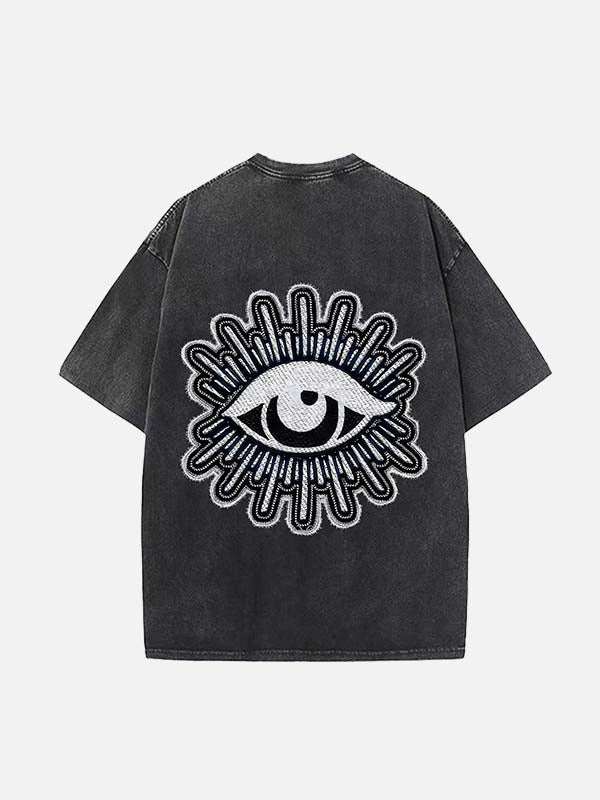 Distressed Washed Moon&Star&Eye Faux Decal Print Round Neck T-shirt