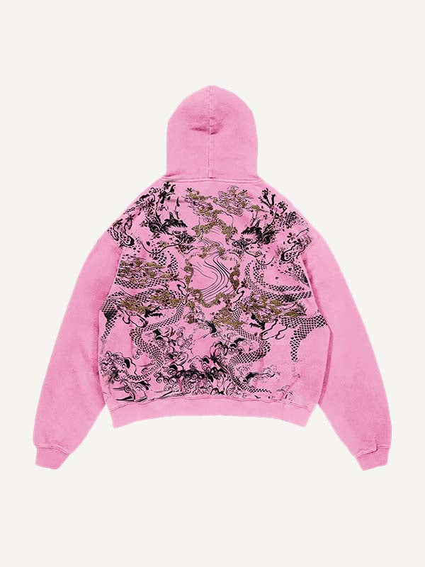 Distressed Washed Dragon Print Slant Pockets Hoodie