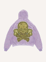 Distressed Washed Cross&Skull Faux Decal Print Slant Pockets Hoodie