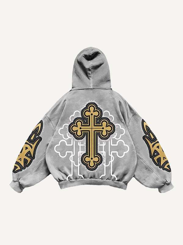 Cross&Letter&Graphic Faux Decal Print Slant Pockets Hoodie