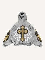 Cross&Letter&Graphic Faux Decal Print Slant Pockets Hoodie