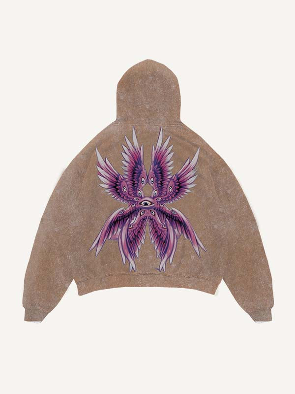 Distressed Washed Eye&Wing Print Slant Pockets Hoodie