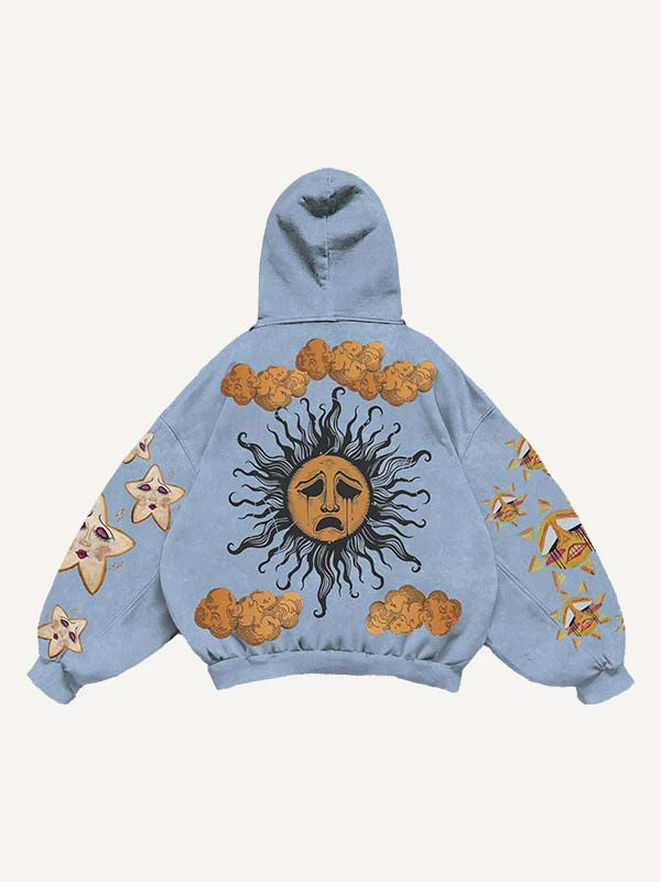 Sad Sun&Eye&Cloud&Graphic Print Slant Pockets Hoodie