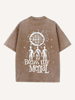 Distressed Washed Smiley Face&Graphic&Letter Print Round Neck T-shirt