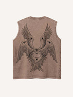 Distressed Washed Wing&Eye&Graphic Print Round Neck Tank