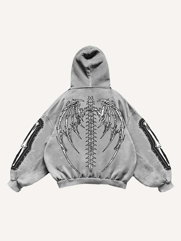 Skeleton&Heart&Wing Faux Decal Print Slant Pockets Hoodie