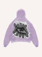 Distressed Washed Eye&Letter Faux Decal Print Slant Pockets Hoodie