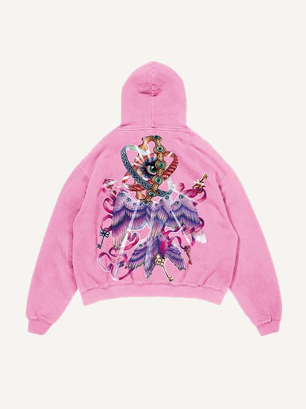 Distressed Washed Wing&Eye&Graphic Print Slant Pockets Hoodie