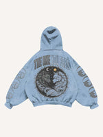 Wolf&Sun&Moon&Letter Print Slant Pockets Hoodie