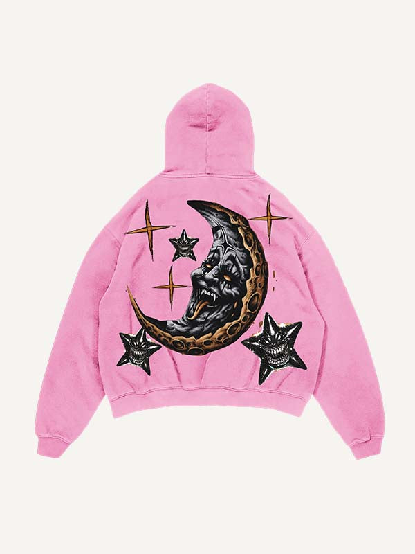 Distressed Washed Evil Moon&Sun&Cloud&Star Print Slant Pockets Hoodie