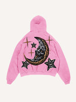 Distressed Washed Evil Moon&Sun&Cloud&Star Print Slant Pockets Hoodie