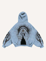 Palm&Eye Print Slant Pockets Hoodie